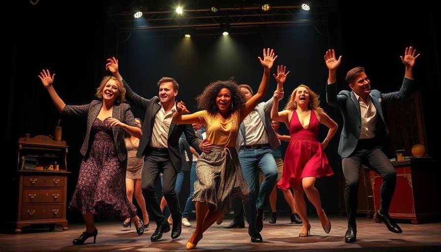 Performers in Easy Street Annie Musical dancing energetically on stage.