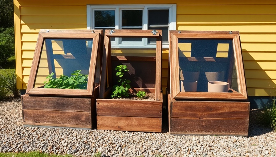Cold frames for frost protection in an outdoor garden scene.