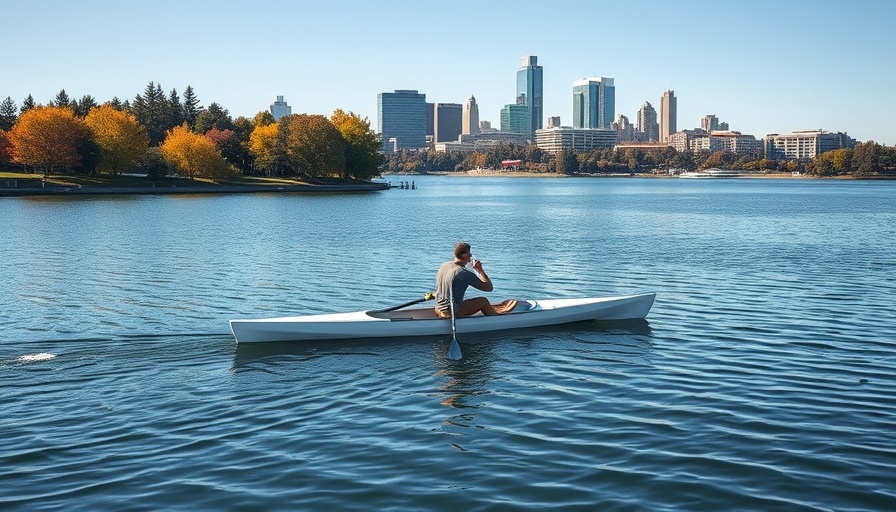 Rower on Lake Merritt with urban skyline and trees in background.