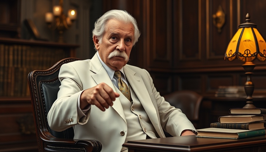 Elderly actor in Mark Twain role on stage with vintage desk and lamp.