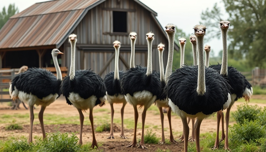 Ostriches gathered on a BC farm under soft cloudy light.