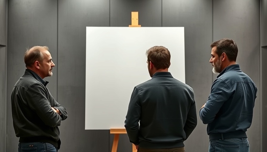 Three men in a theatrical setting discussing in front of a canvas.