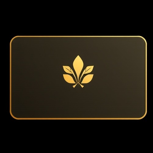 Gold business card icon with logo on a sleek black background.