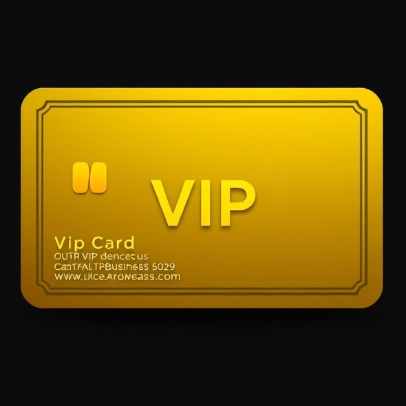 Elegant gold VIP business card icon with logo on a sleek black background.