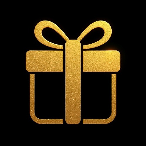 Gold gift icon on a sleek black background.