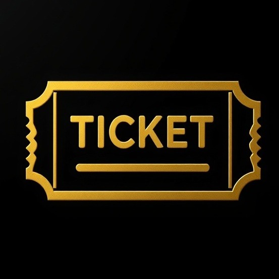 Gold ticket stub icon on a sleek black background.