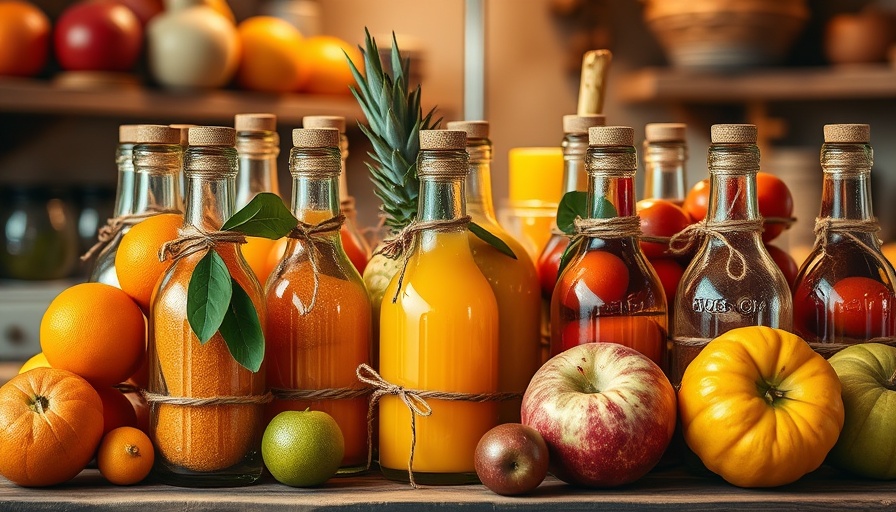 Colorful brandied fruit in corked bottles, rustic kitchen display.