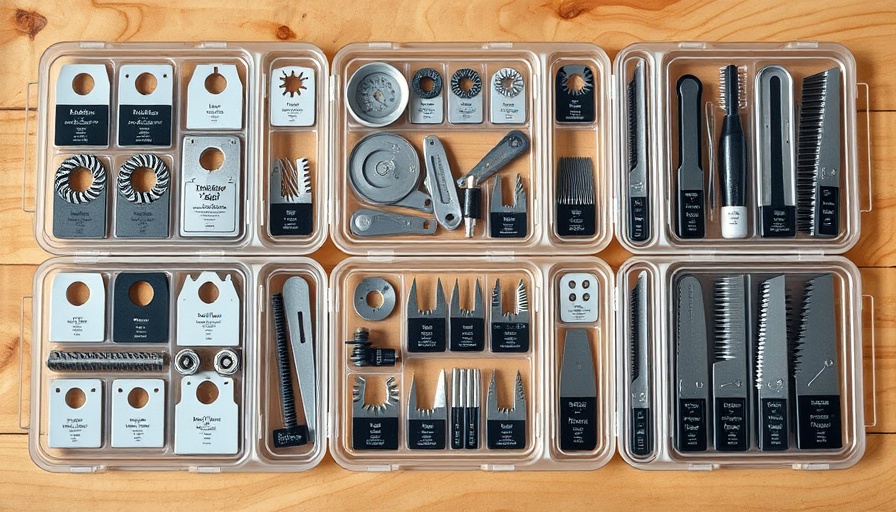 Assorted oscillating tool blades arranged neatly in cases on a wooden surface.