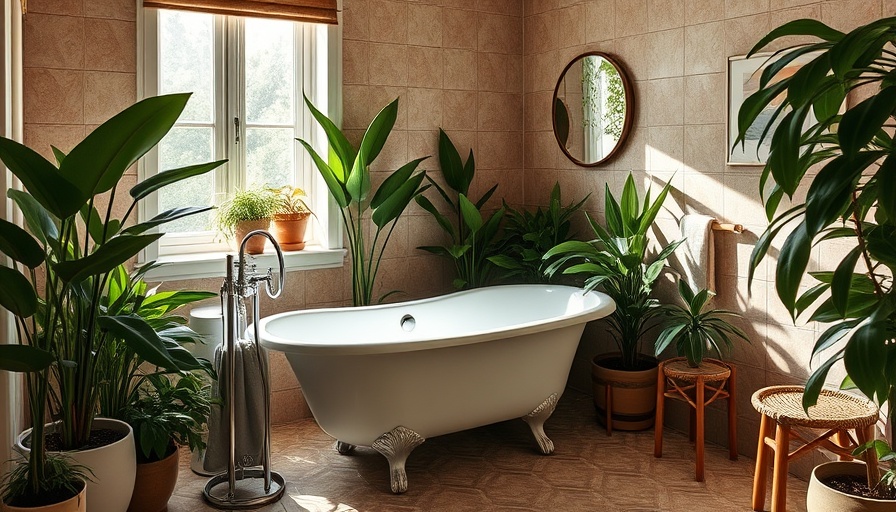 Modern bathroom with claw-foot tub and lush plants.