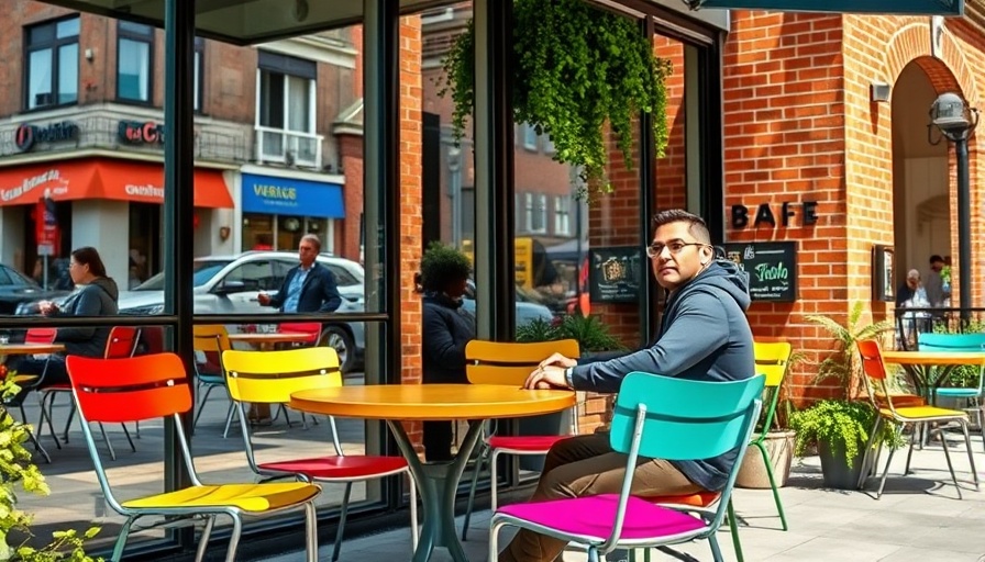 Outdoor café scene at Architecture and Design Film Festival with colorful chairs.