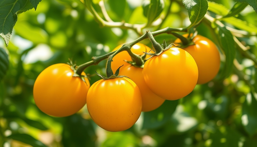 Cluster of Scarlet Sunrise Tomatoes glowing in sunlight.