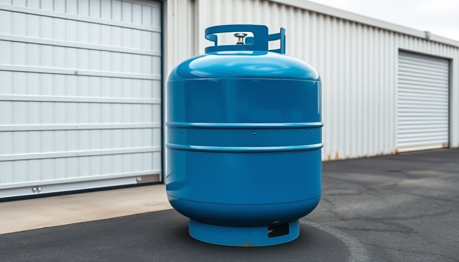 Large blue propane tank near storage building for winter garage storage