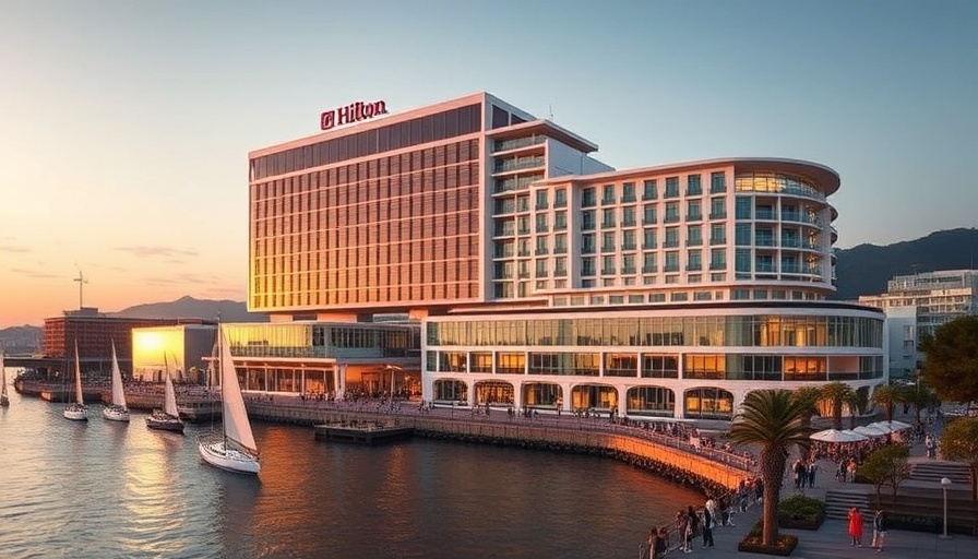 Hilton Signia convention hotel in Savannah at sunset by the river.