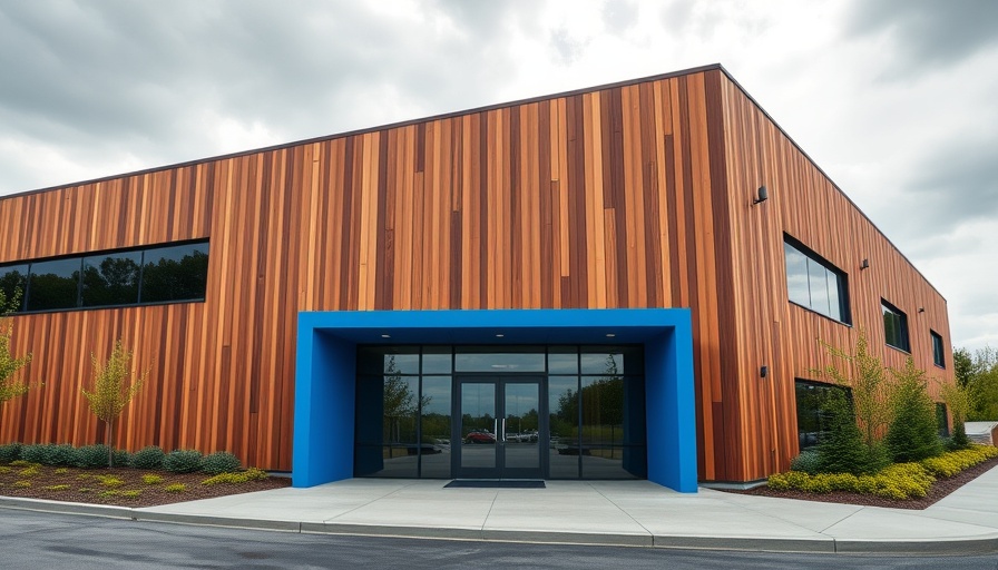 Amazon Mass Timber Delivery Facility with blue accents and landscaping.