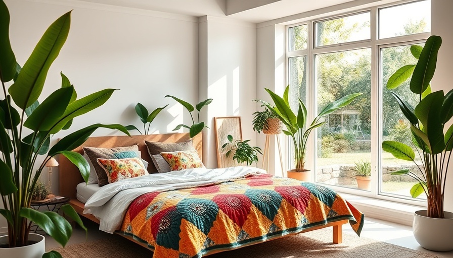 Cozy bedroom with plants and colorful decor, ideal for air purifiers in small spaces.