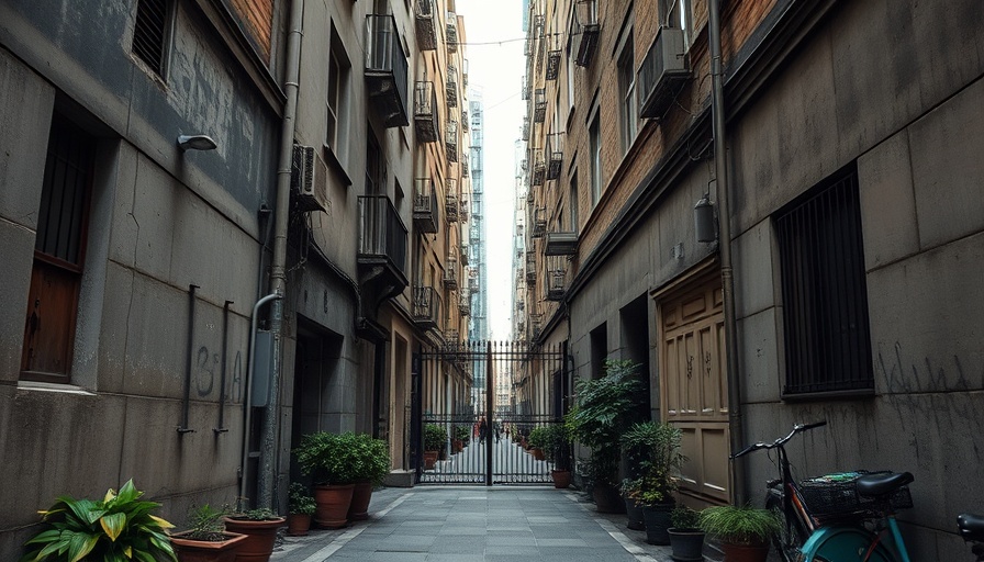 Secluded alleyway with urban buildings and potted plants.