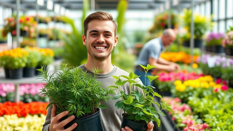 New plants for 2026 displayed by smiling man in nursery.