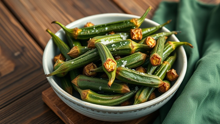 Delicious Okra Recipes for Fall; roasted okra in a bowl on wooden table.