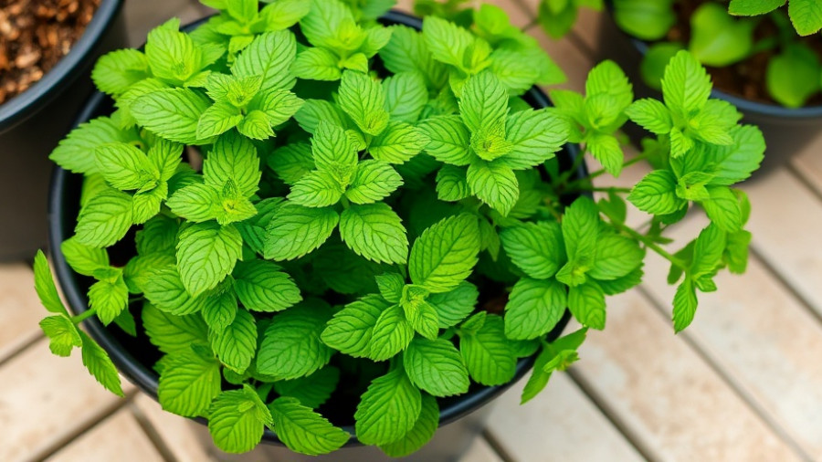 Vibrant mint plant in pot on patio. Controlling invasive mint in gardens.