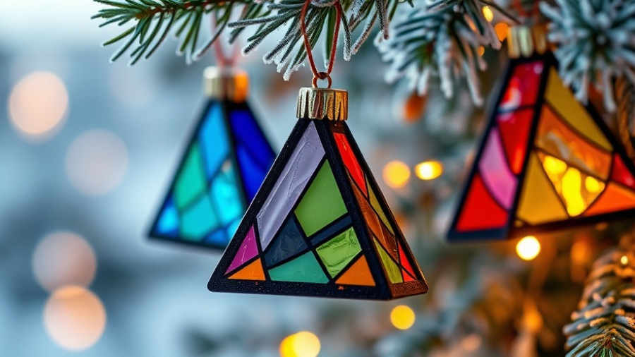 Colorful stained glass Christmas ornaments on frosted branches, Holiday Budgeting Tips.