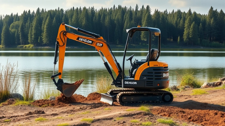 Develon DX62R-7 Mini Excavator in action by a lakeside.