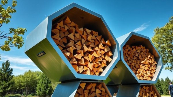 Modern hexagonal firewood storage in outdoor setting.