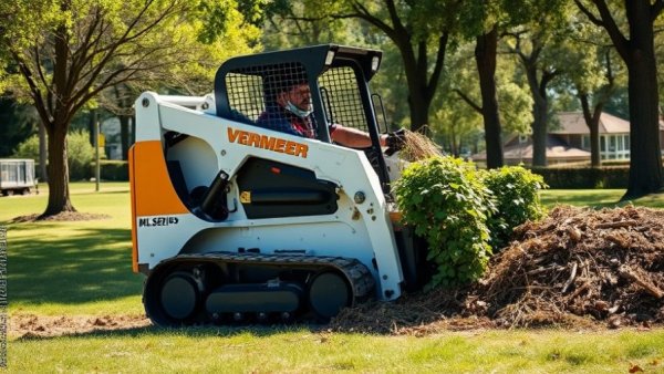 Worker using Vermeer ML series mini track loader in outdoor clearing.
