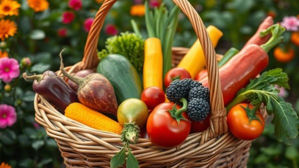 Alice Fox's Allotment Garden harvest with vibrant veggies and fruits.