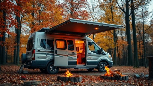 Customized Camper Van parked in autumn forest with campfire setting.