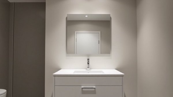 Minimalist bathroom vanity before Art Deco Bathroom Makeover.
