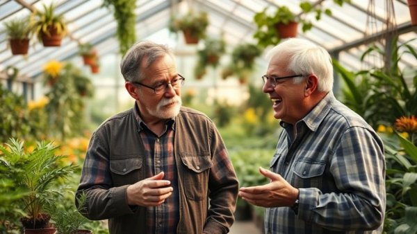 Two men animatedly discuss garden design in a lush greenhouse.