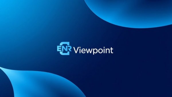 Abstract 'ENR Viewpoint' logo on blue background.