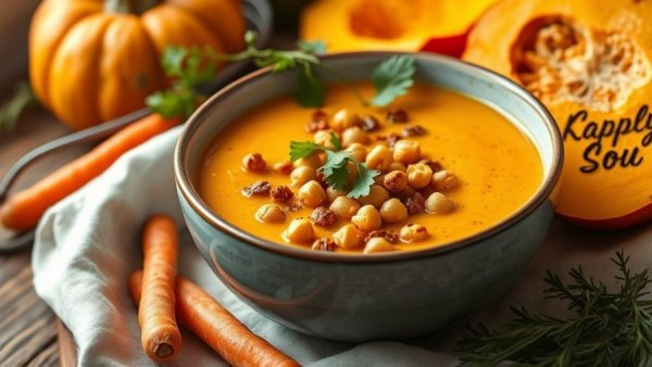 Cozy fall soup recipes featuring rich pumpkin soup garnished ornately.