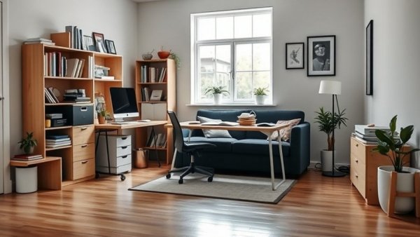 Contemporary home office layout before glam makeover with desk and sofa.