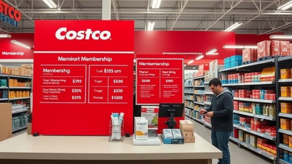 Costco membership counter displaying options and prices, illustrating Costco exclusive shopping hours policy.