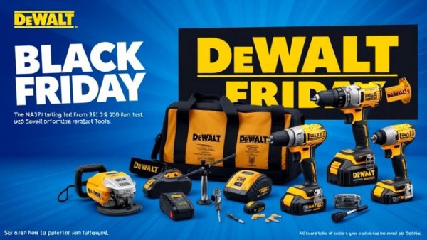 Colorful DeWalt tools collage with Black Friday sign.