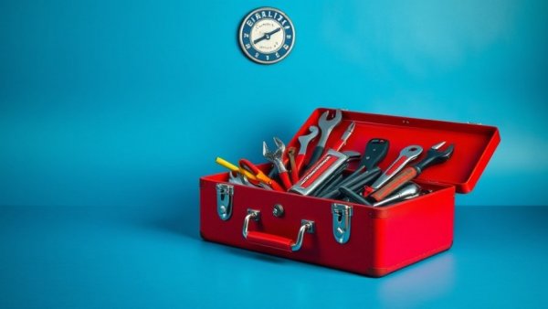 Under-$50 steel tool box filled with tools on blue surface.