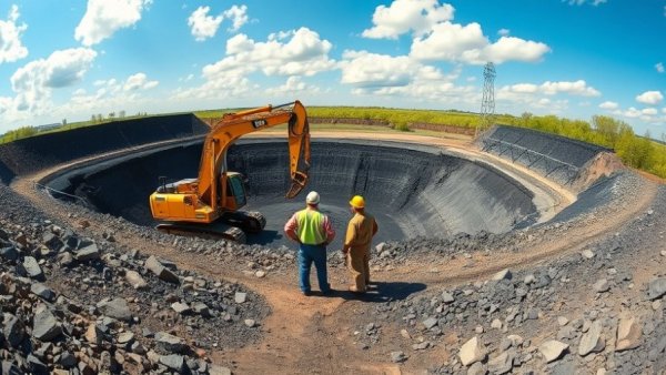 Excavator and workers overseeing North Dakota coal ash disposal site.