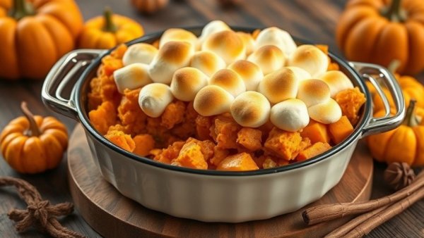 Sweet potato casserole for fall table with marshmallows and pumpkins.
