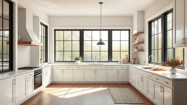 Modern kitchen with large windows for window selection tips.