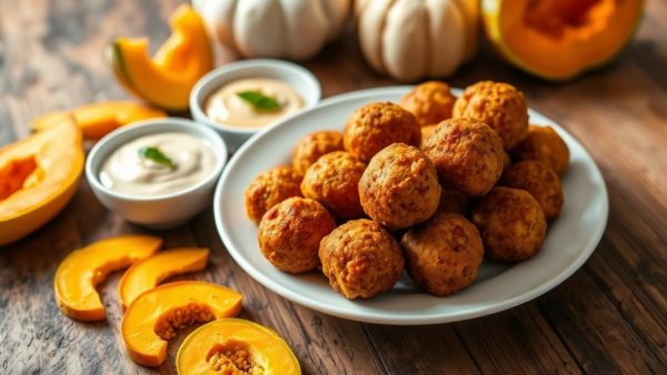 Delicious fried pumpkin balls recipe displayed on a rustic table.