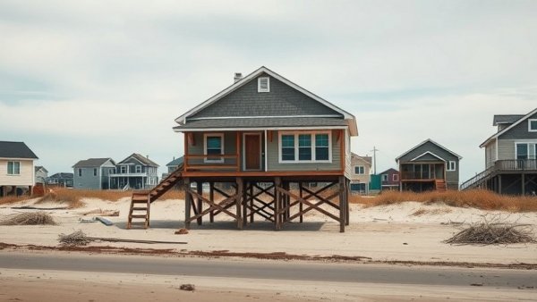 Stilts elevated house amidst storm ruins, showcasing resilient housing strategies.