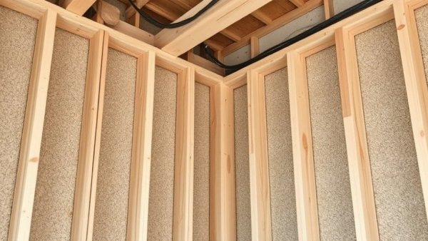 Interior view of wall construction without sheathing, showing materials and wiring.