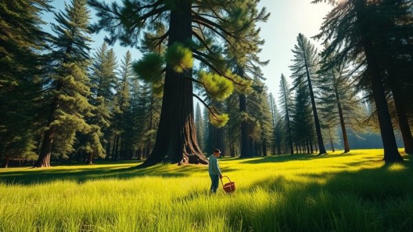 DIY Pine Cone Decor gathering: Tall pine with basket in sunlit field.