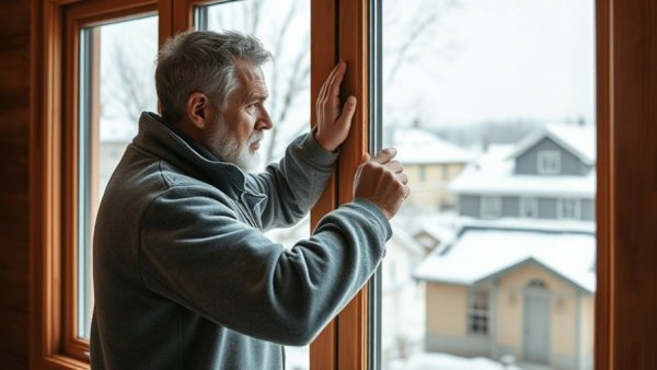 Man upgrading vintage windows, inspecting window frame indoors.