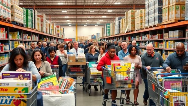 Busy Costco store with shoppers buying DIY items.