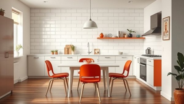 Bauhaus-inspired apartment kitchen in Budapest with retro decor.