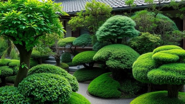 Beautiful niwaki Japanese mini-forest lush greenery vibrant serene ambiance
