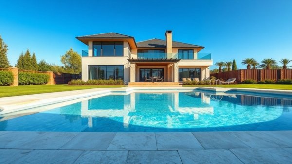 Luxurious pool area with travertine pavers and clear blue water.