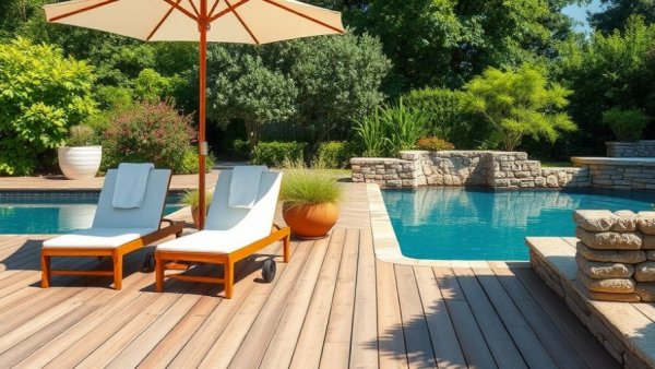 Outdoor home addition with poolside deck and lounge chairs.